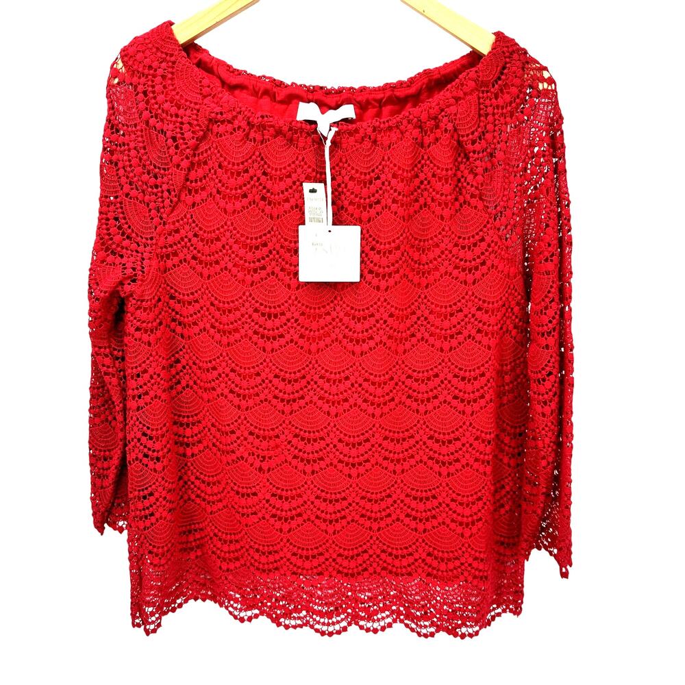 Talbots RSVP Blouse Womens Large Red Lace Overlay Long Sleeve‎ Pullover NEW $129